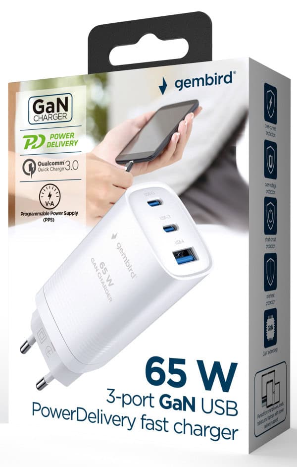 TA-UC-PDQC65-01-W 3-port 65W GaN USB PowerDelivery fast charger, white