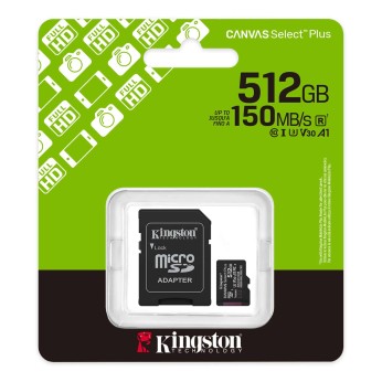 Kingston MicroSD 512GB, Canvas Select Plus, Class 10 UHS-I U3 V30 A1, Read up to 150MB/s