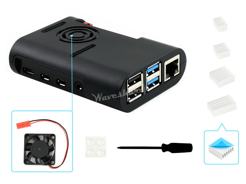 Raspberry Pi 4 kućište, ABS, crno, hladnjaci, ventilator