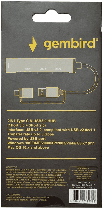 UHB-U3P4-06 HUB Type-A+C to 3*USB2.0 + 1*USB3.0 Aluminum