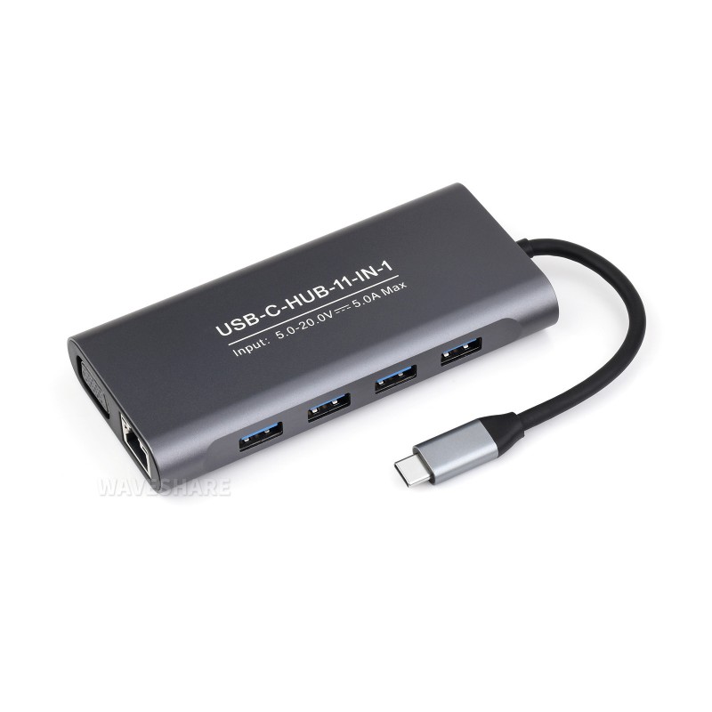 USB-C 11-in-1 Hub, RJ45 100Mbps Ethernet, 4K HDMI, SD/TF card slots, 100W PD input, Aluminum, plug and play