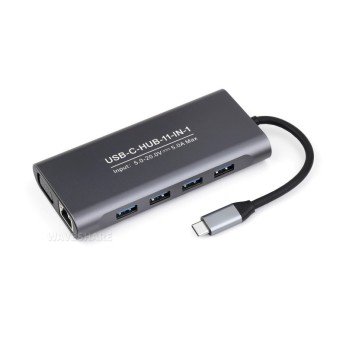 USB-C 11-in-1 Hub, RJ45 100Mbps Ethernet, 4K HDMI, SD/TF card slots, 100W PD input, Aluminum, plug and play